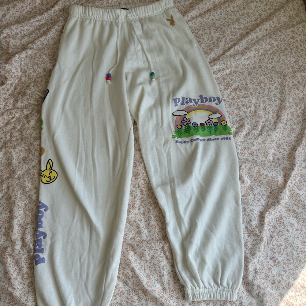 White Playboy Sweatpants with colorful graphics